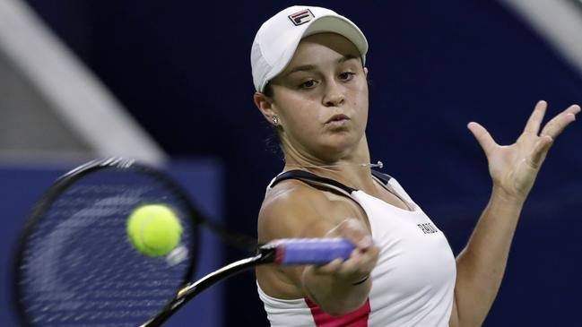 Ashleigh Barty returns serve during her victory over Lauren Davis. Picture: AP