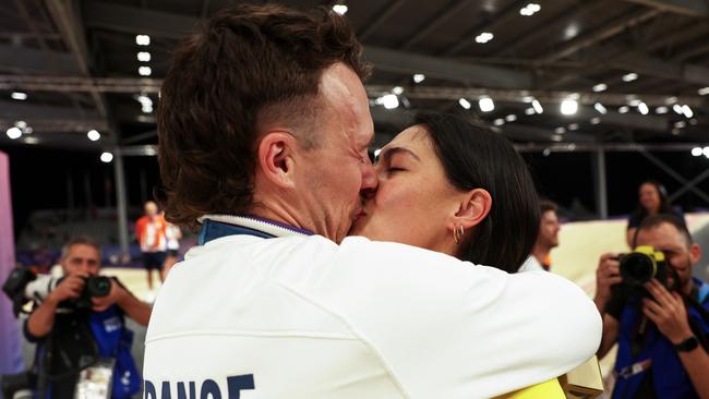 Sakakibara shares a kiss with French boyfriend Romain Mahieu, who claimed Olympic bronze. Picture: Getty