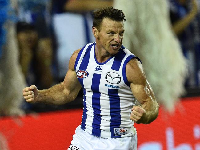 Brent Harvey kicked three goals in the third term to spark the Roos in their win over the Crows. Picture: AAP