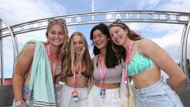 First afternoon of Schoolies in Surfers Paradise for 2021. L-R holly Prestidge, Sarah Ambler, Nina McGeown, and Ella Eccleston. of Brisbane. Pic Mike Batterham