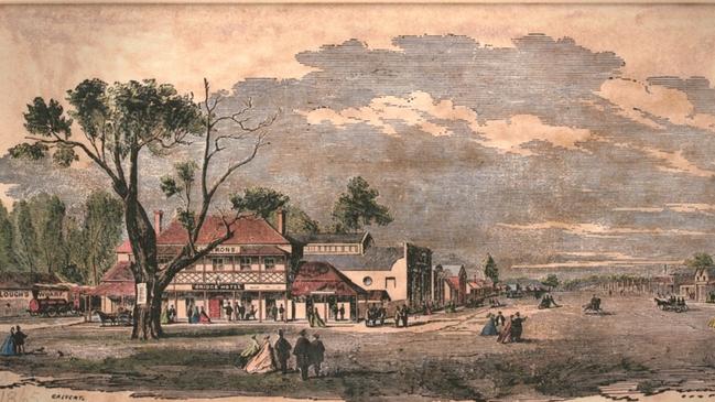 An 1865 illustration of the thriving township of Echuca, featuring Hopwood’s hotel. Picture: State Library of Victoria