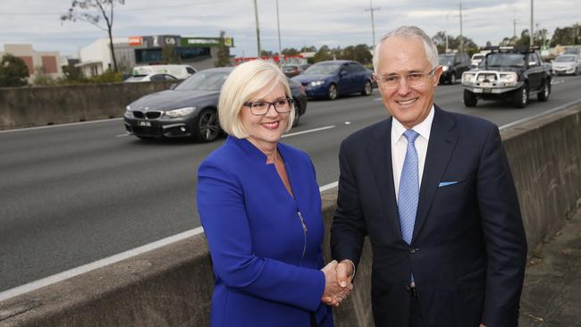 Australian Prime Minister Malcolm Turnbull with Karen Andrews at exit 31, Loganholme, for LNP announcement of a $215 million upgrade of the M1. Photo: Jerad Williams