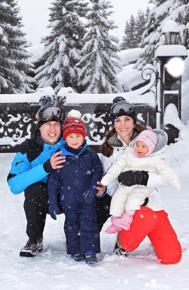 Catherine, Duchess of Cambridge and Prince William, Duke of Cambridge , pose with their children, Princess Charlotte and Prince George during a private break skiing at an undisclosed location in the French Alps on March 3, 2016. Picture: WPA Pool/Getty