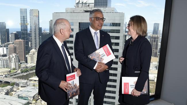 Premier’s Business Council chairman Ahmed Fahour flanked by Victorian Treasurer Tim Pallas and Premier Jacinta Allan at the launch of the Economic Growth Statement. Picture: Andrew Henshaw