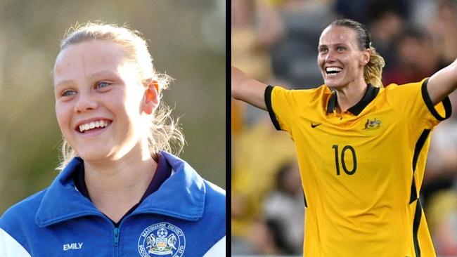 Australian football representative Emily van Egmond as a junior and playing for the Matildas. Picture: Robert McKell/Ian Hitchcock Getty Images