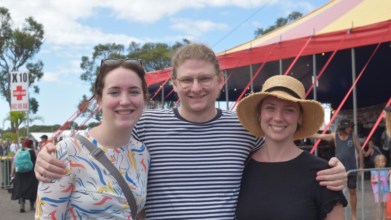 Sally Nicklin, Lucy Nicklin and Brian Sivertsen at Bluesfest on Monday. Picture: Nicholas Rupolo.