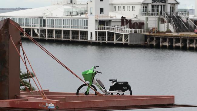 A Lime e-bike was parked on the top the waterfront skatepark roof, but authorities say there hasn’t been many reports of vandalism of the equipment. Picture: Alan Barber