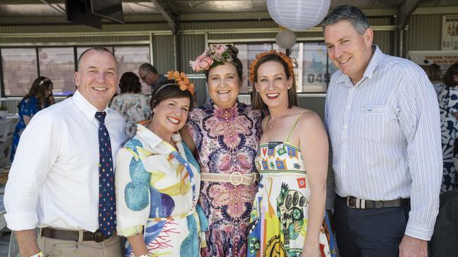 At Warwick Cup race day are (from left) Rob Willems, Natalie Carey, Sarah Willems, Natalie Nolan and Wayne Carey at Allman Park Racecourse, Saturday, October 14, 2023. Picture: Kevin Farmer