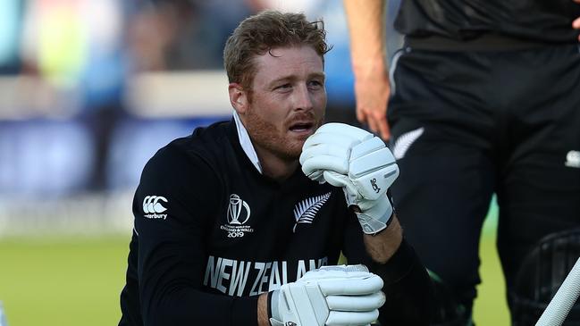 LONDON, ENGLAND - JULY 14:  Martin Guptill of New Zealand looks distraught following his sides Super-Over defeat a s Jimmy Neesham looks on during the Final of the ICC Cricket World Cup 2019 between New Zealand and England at Lord's Cricket Ground on July 14, 2019 in London, England. (Photo by Michael Steele/Getty Images)