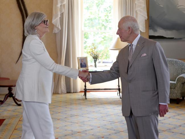 SYDNEY, AUSTRALIA - OCTOBER 20: King Charles greets Governor-General of Australia Sam Mostyn at Admiralty House on October 20, 2024 in Sydney, Australia. King Charles and Queen Camilla are on the second day of a visit to Australia, his first as Monarch. CHOGM in Samoa will be his first as Head of the Commonwealth. (Photo by Chris Jackson/Getty Images)