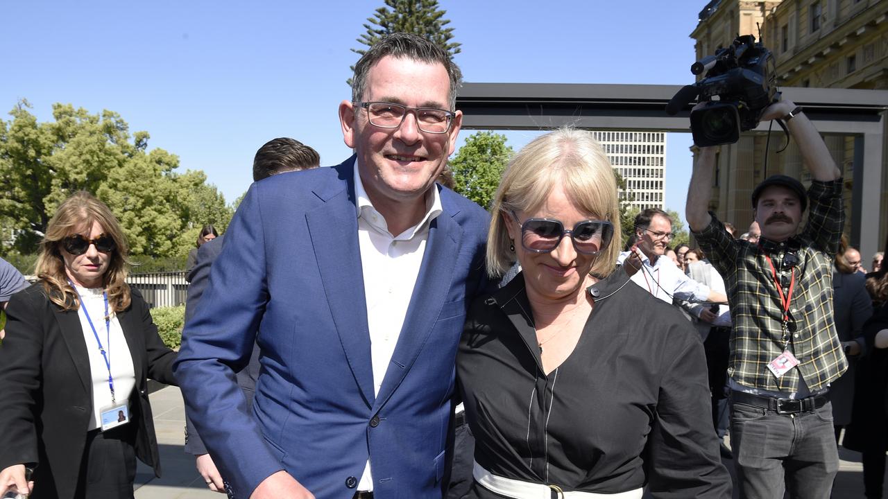 Daniel Andrews leaves a press conference with his wife Catherine after announcing his resignation. Picture: NCA NewsWire / Andrew Henshaw