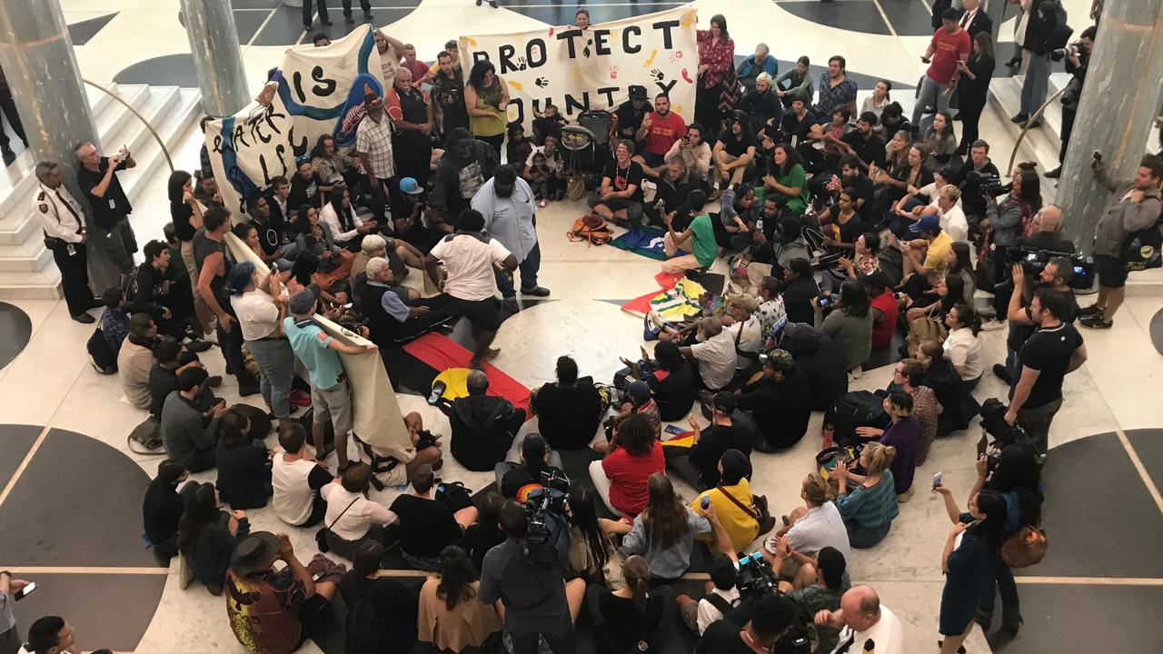 The protest inside Canberra's Parliament House foyer. Picture: Gary Ramage