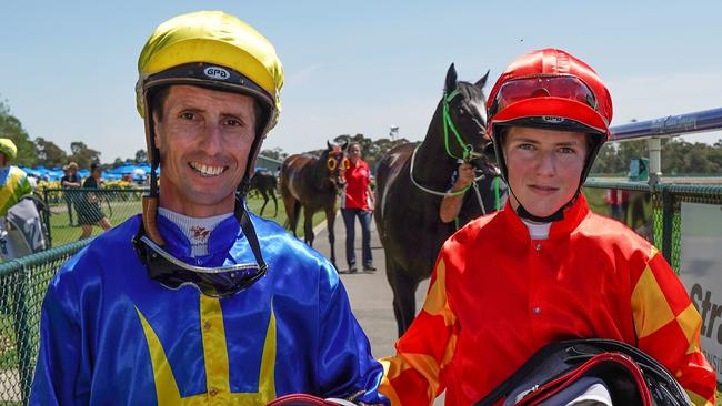 Jockey Nash Rawiller (left) his son Campbell (right) after the pair rode against each other for the first time at Bendigo last spring. Photo: AAP Image/Scott Barbour.