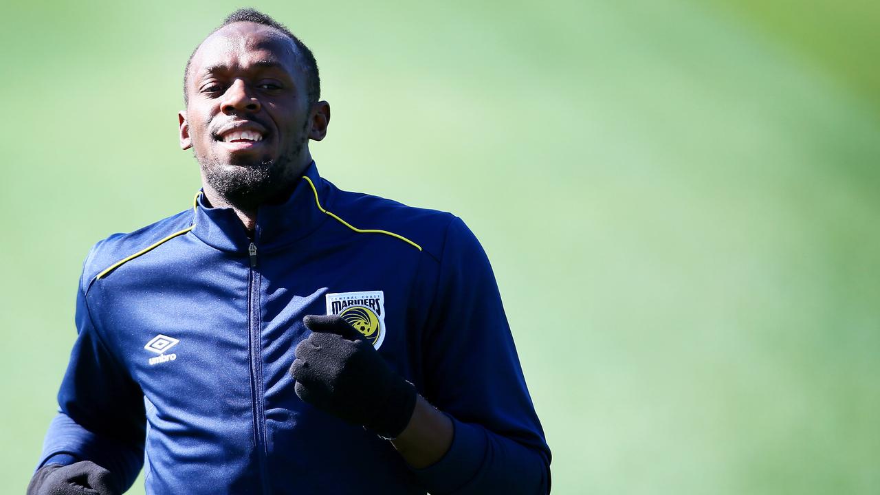 Eight-time 100m sprint champion Usain Bolt takes part in his first training session.