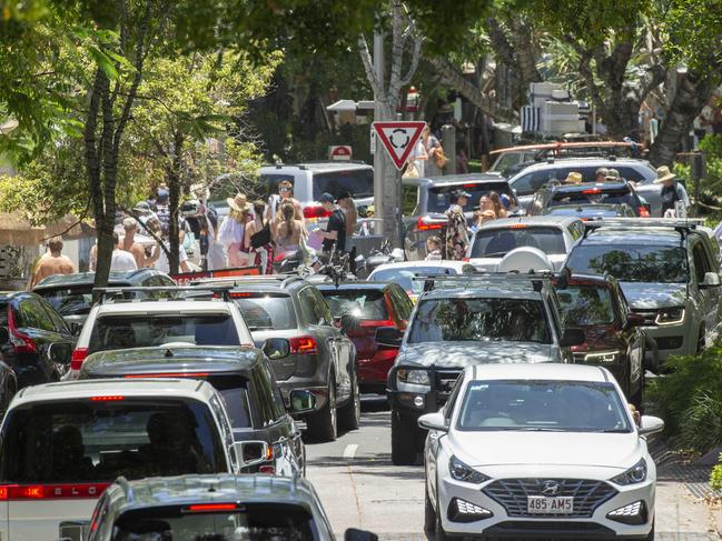 Holiday traffic jam on Hastings street in Noosa as crowds pack in to the popular tourist town. Photo Lachie Millard