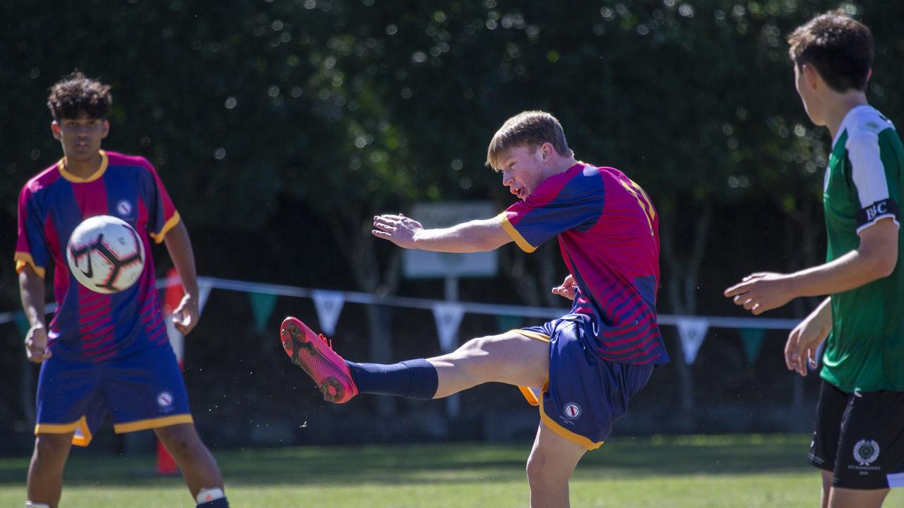 BSHS no. 11 J Waldock with the ball as Brisbane Boys College plays Brisbane State High School in the First XI Soccer match, Toowong, Saturday July 18, 2020. (Image Sarah Marshall)