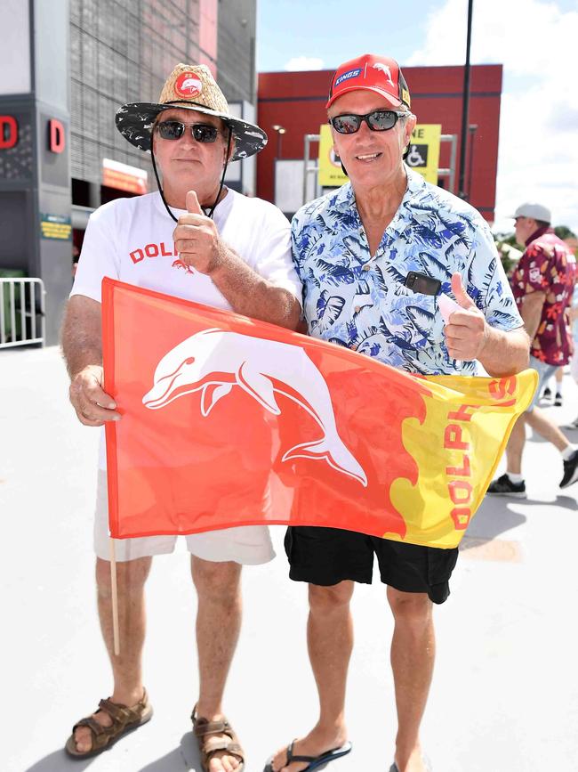 Brett Crawford and Eddie Groves at Roosters V Dolphins, Suncorp Stadium. Picture: Patrick Woods.