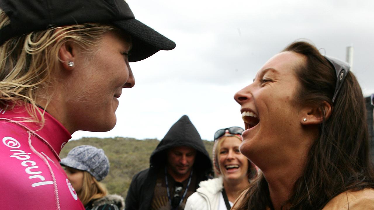 Layne Beachley congratulates Stephanie Gilmore after a win at Bells Beach.