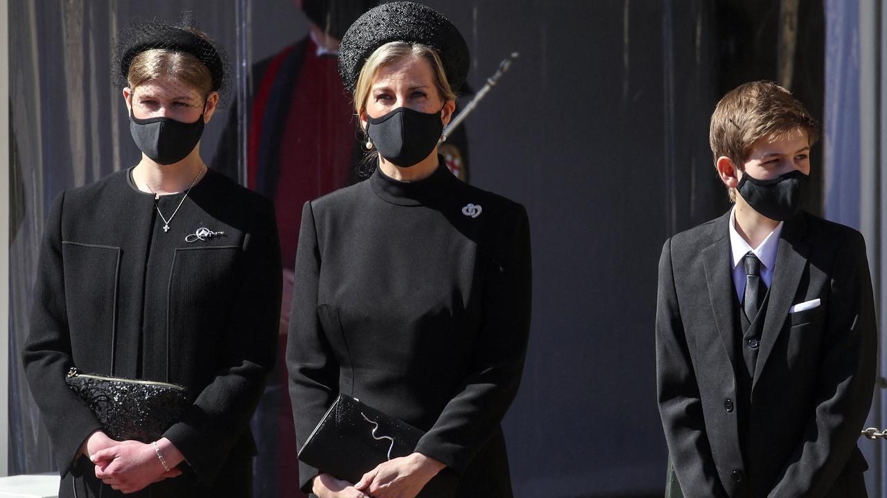 Sophie, Countess of Wessex and her two children at the funeral of Prince Philip. Picture – Steve Parsons / POOL / AFP)