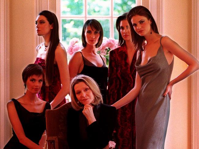 Fashion designer Carla Zampatti at her Woollahra home with models wearing her latest creations in 1997.