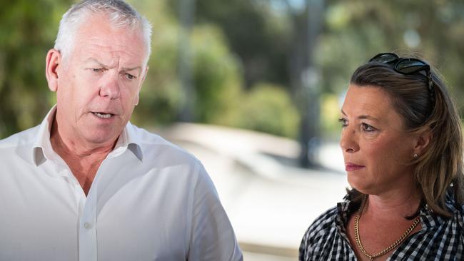 Commissioner Grant Stevens and his wife Emma at Oaklands Park Skate Park to thank the South Australian community for their support. Picture: NCA NewsWire