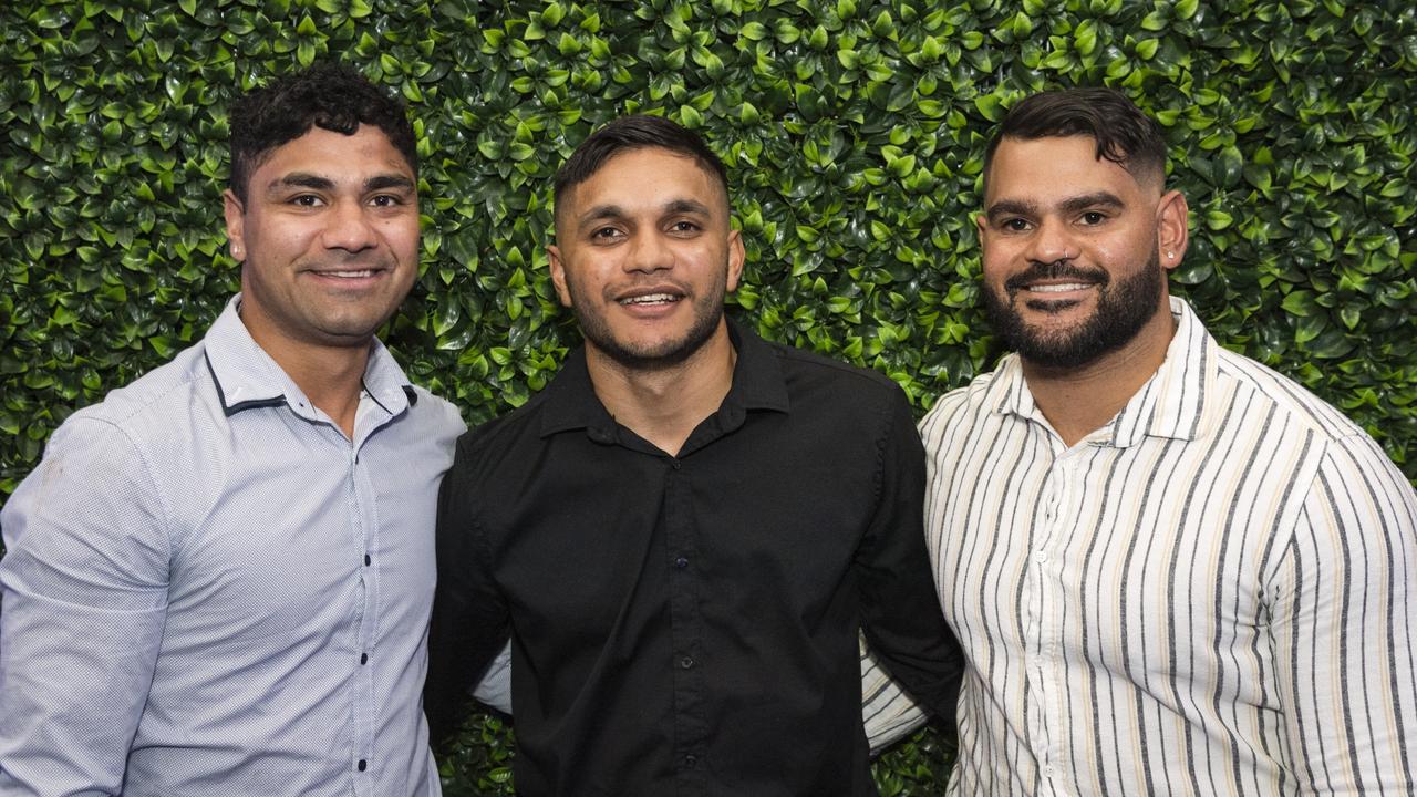 Players (from left) Blake Appo (Gatton), Alex Hinch (Valleys) and Matty Waites (Valleys) at the TRL awards night at Clifford Park Racecourse, Friday, September 8, 2023. Picture: Kevin Farmer