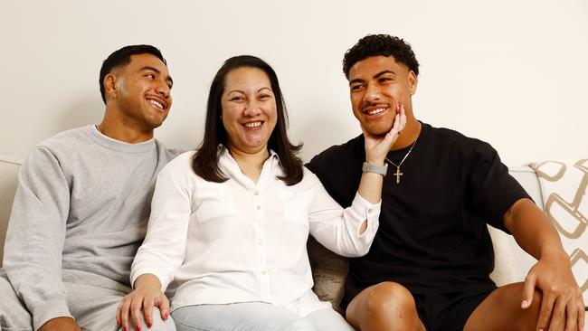 Lucy Penisini at home in Kellyville with her sons Will (left) and Richard (right) who play for the Parramatta Eels. Picture: Jonathan Ng