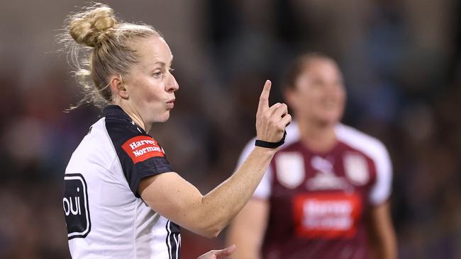 Belinda Sharpe was the referee in an all-female officiating team for the Women’s State of Origin match betwen NSW and Queensland last weekend. Picture: Cameron Spencer/Getty Images