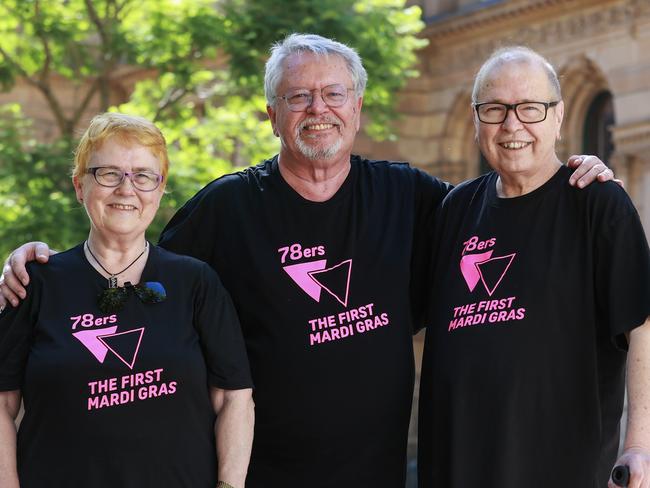 Diane Minnis, Ken Davis and David Abello – who were all part of the first Sydney Mardi Gras in 1978 – at Sydney Town Hall in the lead-up to this year’s parade. Picture: Justin Lloyd