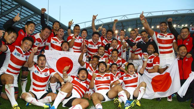 BRIGHTON, ENGLAND - SEPTEMBER 19: Japan players after the win over South Africa during the Rugby World Cup 2015 Pool B match between South Africa and Japan at Brighton Community Centre on September 19, 2015 in Brighton, England. (Photo by Steve Haag/Gallo Images)