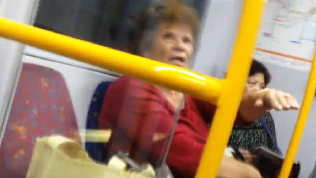 Video still of a woman who carried on with a racist tirade against a Muslim woman on a Sydney train. Picture: Facebook / Stacey Eden