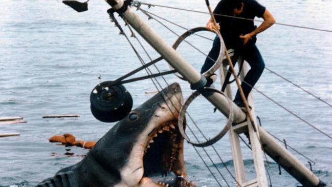 A shark scene from Jaws. Throughout a troubled shoot the key mechanical props struggled with saltwater corrosion or made strange noises that reduced the crew to fits of giggles. Picture: supplied