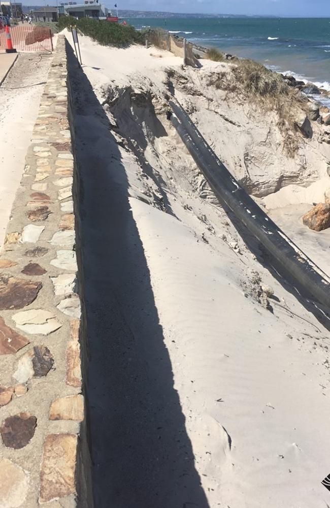 The rock wall, and the erosion on the West Beach. Picture: City of Charles Sturt 