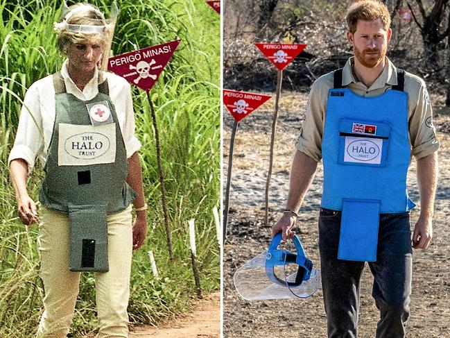 Prince Harry, right, visiting a minefield in Angola recently and Diana, Princess of Wales, at the same location during her trip in 1997. Picture: AFP