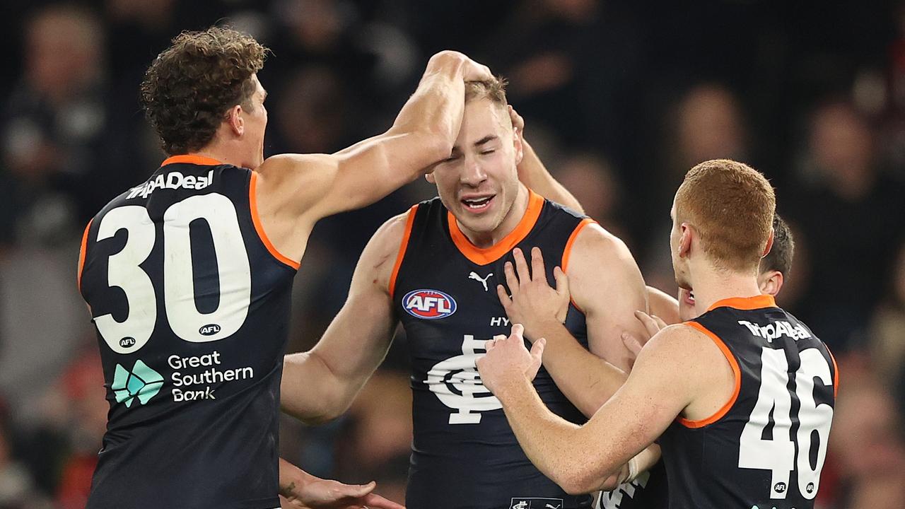 Harry McKay (middle) and Charlie Curnow (left) have combined for 86 goals this season. Picture: Getty Images