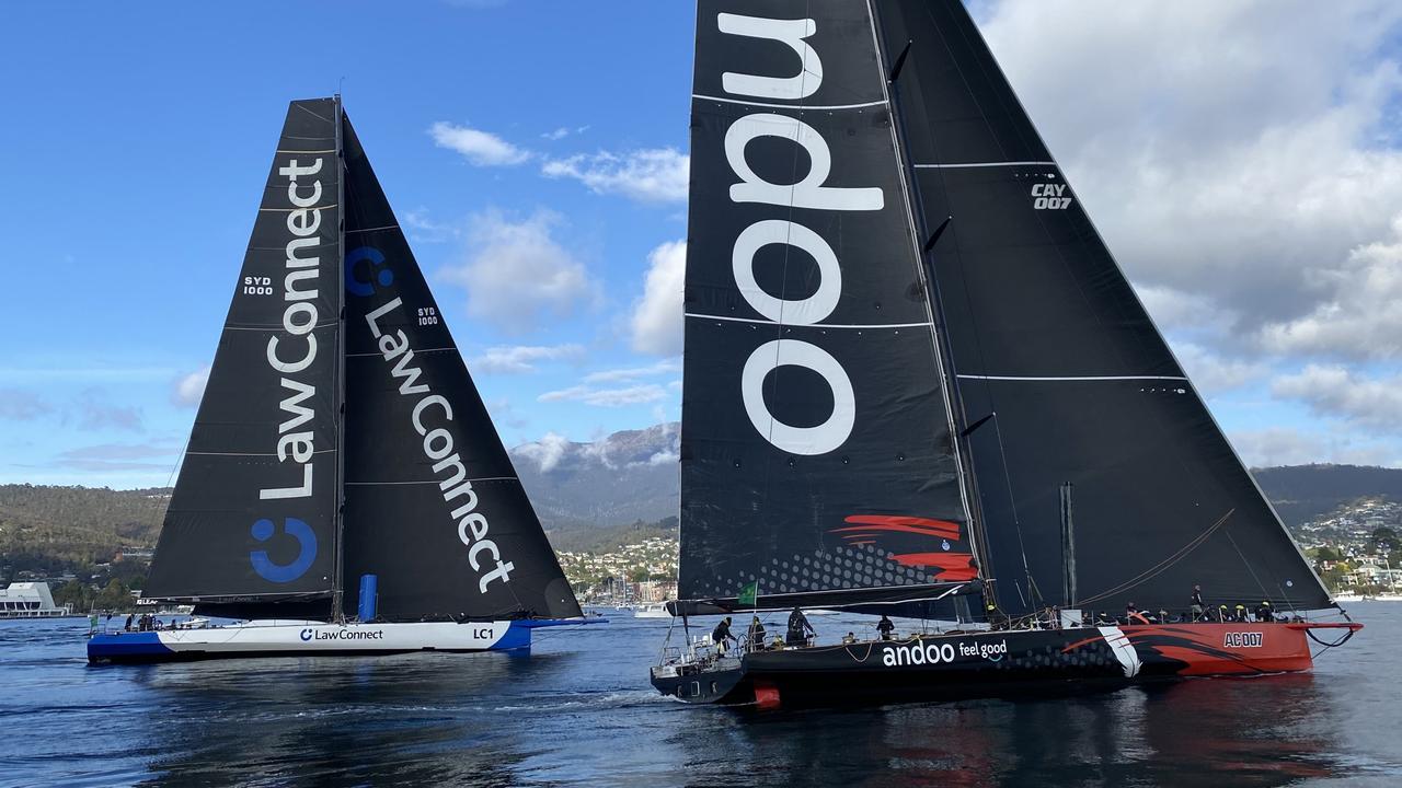 Comanche and LawConnect neck and neck in the final stretch of the Sydney to Hobart 2023. Picture: James Bresnehan