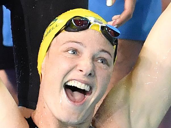 Cate Campbell celebrates after Australia won the Women's 4 x 100m Freestyle Relay Final on day one of swimming competition at the XXI Commonwealth Games at Gold Coast Aquatic Centre on the Gold Coast, Australia, Thursday, April 5, 2018. (AAP Image/Darren England) NO ARCHIVING, EDITORIAL USE ONLY