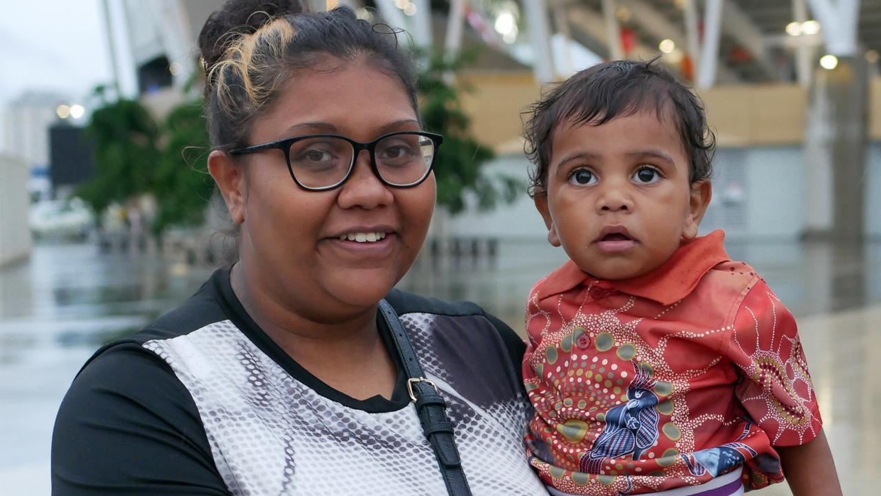 Rhonda Maher and Jeriah, 1, at the NRL All Stars matches in Townsville on Friday. Picture: Blair Jackson