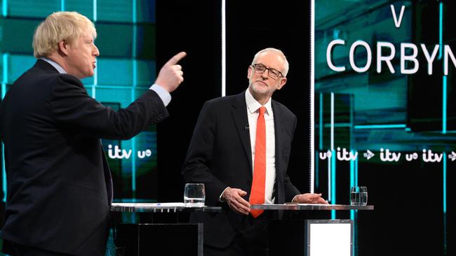 Prime Minister Boris Johnson and Labour Party leader Jeremy Corbyn answer questions during the ITV Leaders Debate. Picture: Jonathan Hordle/ITV/Getty Images