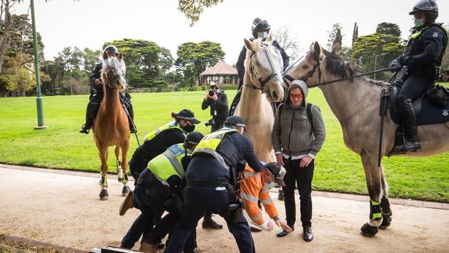 A man is detained by police during a protest near Government House in Melbourne. Picture: Getty Images