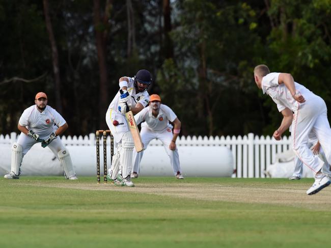 Kookaburra Cup cricket - Southport Labrador vs. Runaway Bay at Morrie Glasman Oval in Arundel. Matt Madeley bowling to Ollie McGee. Picture: Lawrence Pinder
