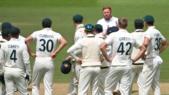 England batsman Jonny Bairstow speaks to the Australia fielders after being given out during the 5th day of Ashes Test Match at Lord's Cricket Ground.