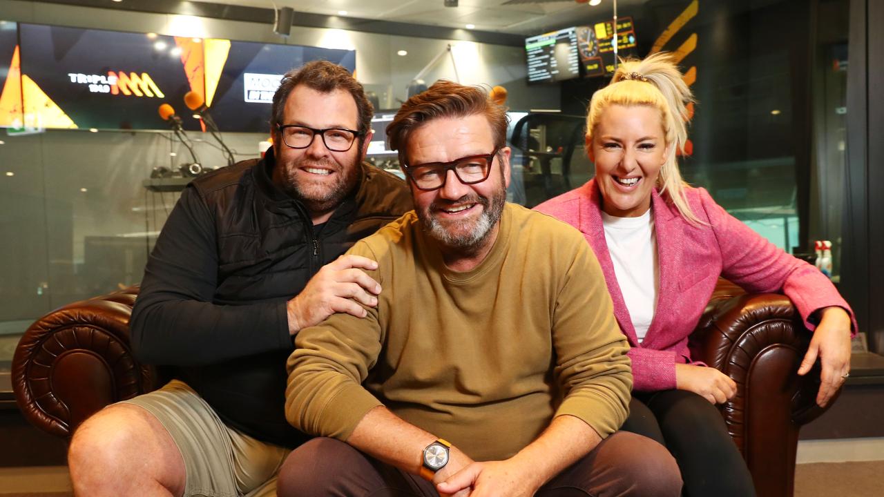 The former Moonman in the Morning team, Gus Worland, Lawrence "Moonman" Mooney and Jess Eva. Picture: John Feder/The Australia.