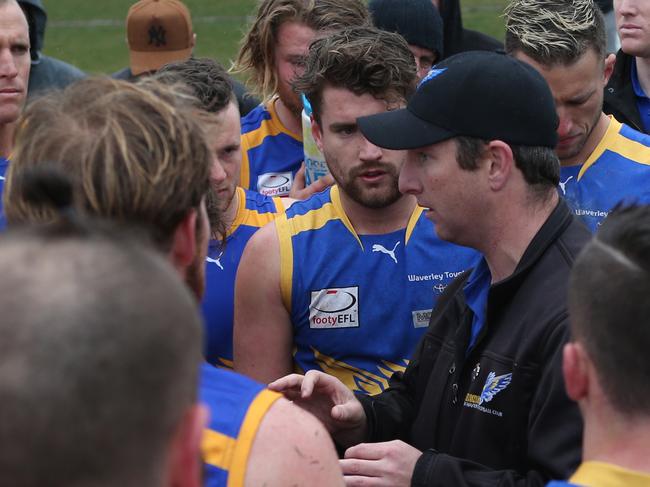 Glen Waverley coach Ryan Flack with his players during the Efl (Div 4): Glen Waverley v East Burwood game. Saturday, September 1. 2018. Picture: David Crosling