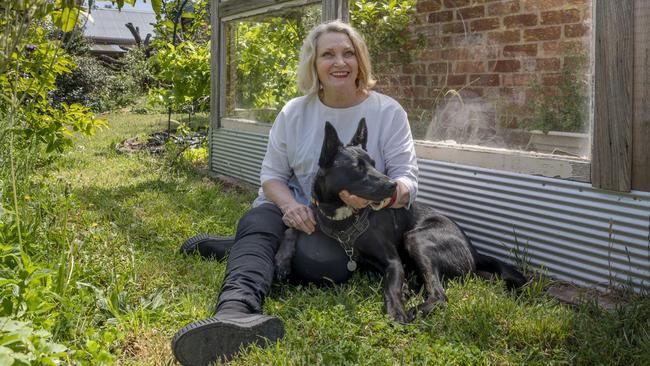 Robyn Davidson at home in Chewton, Victoria. Robyn's dog Diggity is pictured with her in some photos. Photo by Sean Davey.