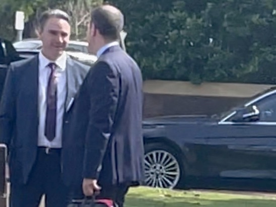 Lionel Coombs (left) outside Hornsby Local Court.