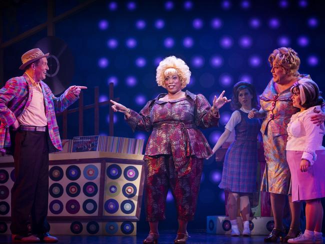 Todd McKenney, Asabi Goodman, Mackenzie Dunn, Shane Jacobson and Carmel Rodrigues in Hairspray. Picture: Jeff Busby