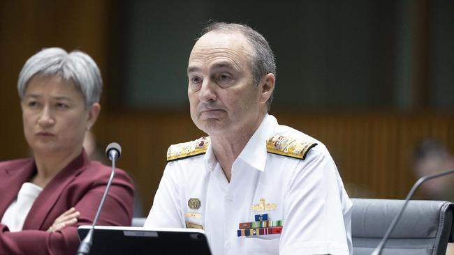 Senator Penny Wong with Vice Chief of the Defence Force Vice Admiral David Johnston at Defence Estimates at Parliament House in Canberra. Picture: NCA NewsWire / Gary Ramage