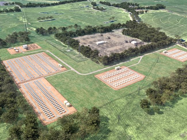 A visualisation of the planned Limestone Coast Energy Park, which at its peak will be able to store almost 60% of SA residential solar output for up to 4 hours. Picture: Supplied by Pacific Green