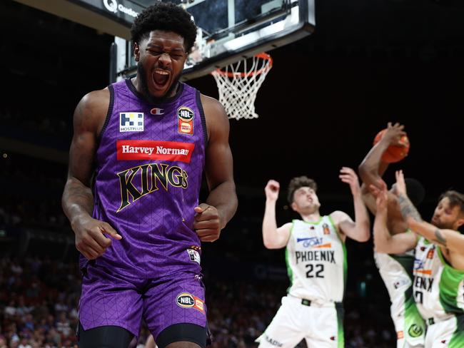 SYDNEY, AUSTRALIA - JANUARY 02: Cameron Oliver of the Kings reacts during the round 15 NBL match between Sydney Kings and South East Melbourne Phoenix at Qudos Bank Arena on January 02, 2025 in Sydney, Australia. (Photo by Jason McCawley/Getty Images)